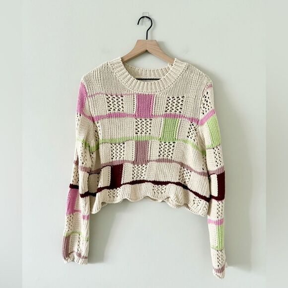 LA Hearts Mixed Messages Checker Cotton Knit Sweater in Cream Multi - Size S - Picture 3 of 7
